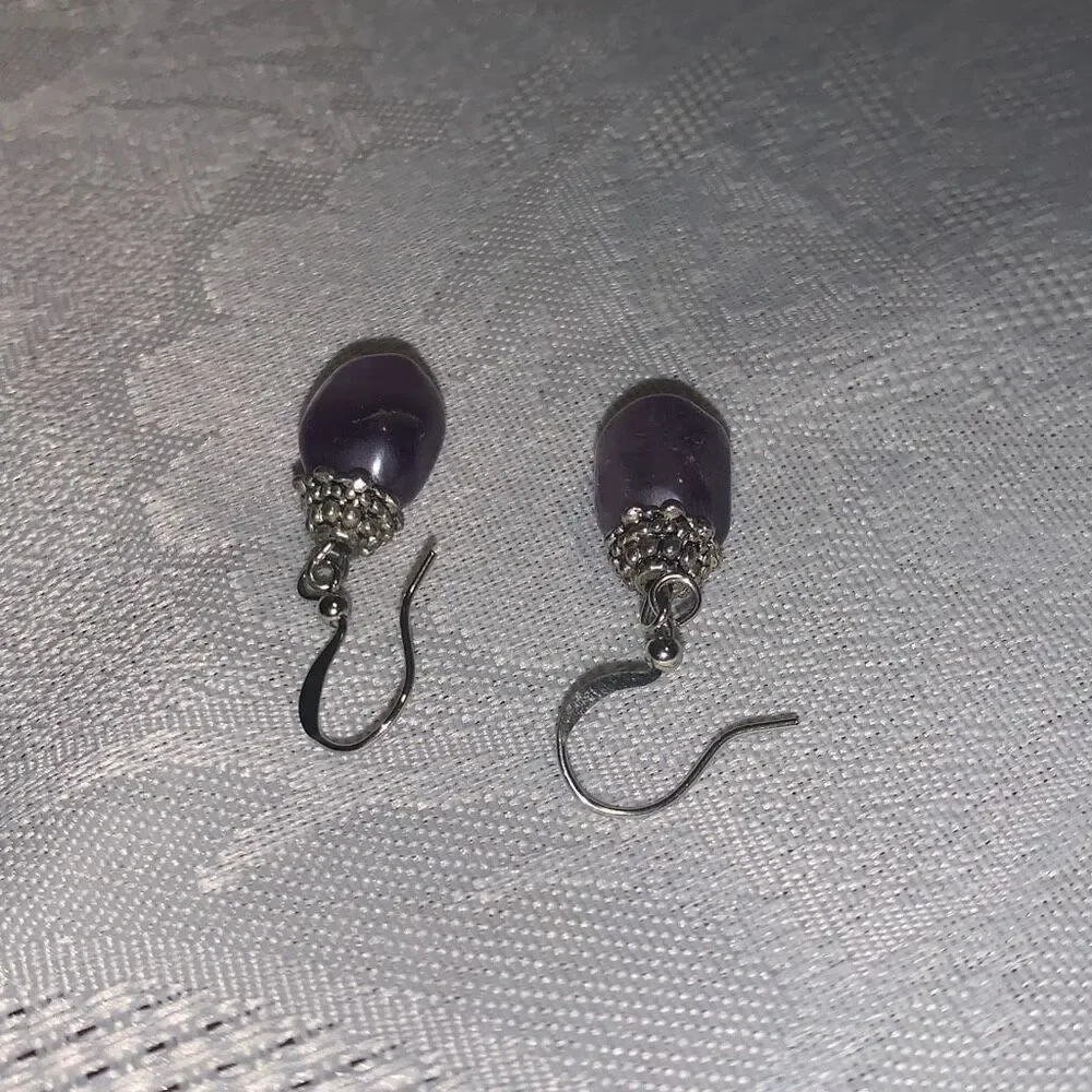 Vintage Silver Amethyst Hook Back‎ Drop Earrings